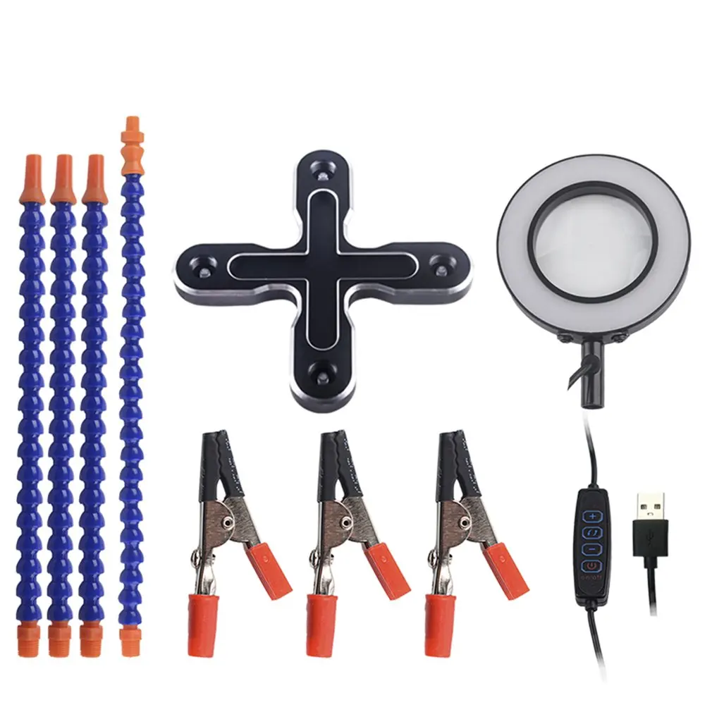 

USB LED 3X Glasses Magnifier Lamp DIY Soldering Third Hand 4pc Flexible Arms Welding Helping Stand Repair Holder Tool