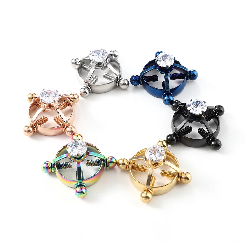 

Screw Nipple Clamps Sexy Piercings for Women Stainless Steel Zircon Fake Nipple Piercing Jewelry Non Piercing Nipple Ring Shield