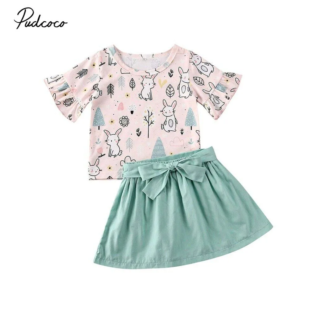 2 шт. детская трапециевидная юбка с принтом кролика и оборками|Комплекты одежды