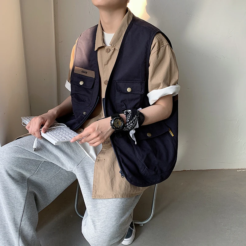 

Japanese Heavy Functional Safari Style Men Loose Trend Wild Ruffian Handsome Outdoor Casual Sleeveless Vest Jacket With Pockets
