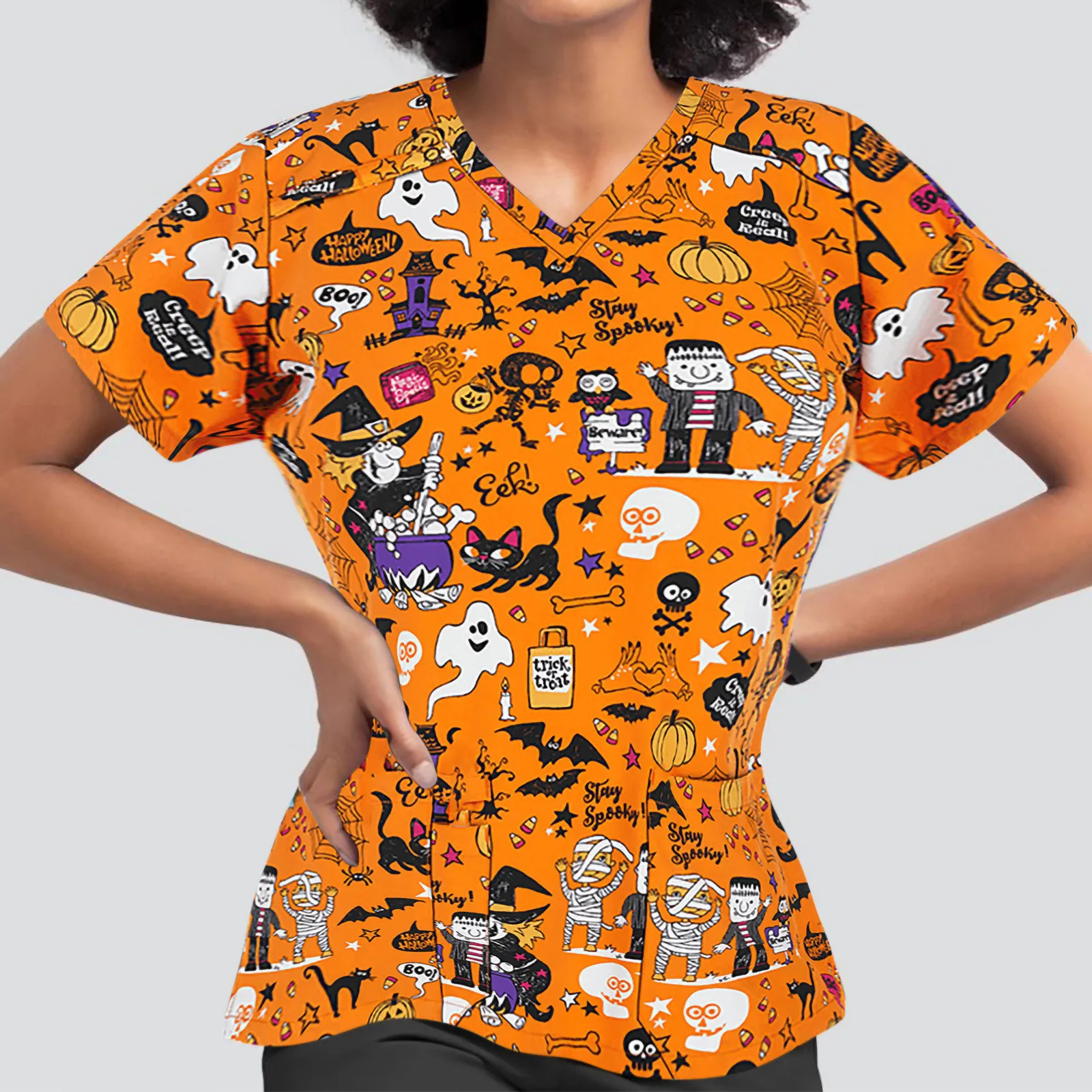 

Женская блузка с коротким рукавом, V-образным вырезом и карманами