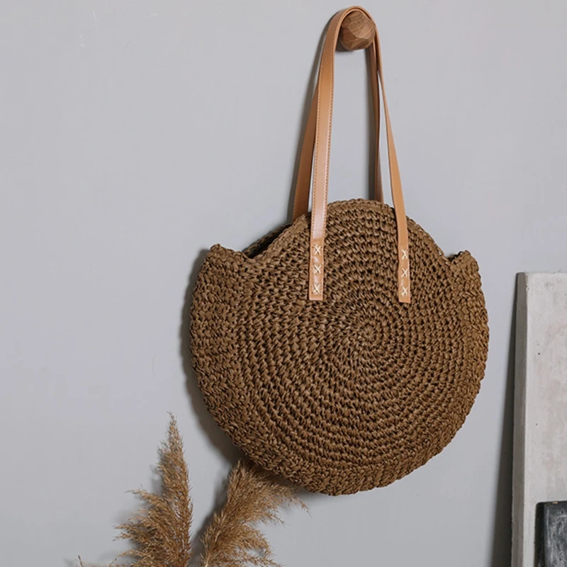

Round Straw Beach Bag Vintage Woven Shoulder Bags Rattan Bohemian Summer Vacation Casual Handbag for Women Girls