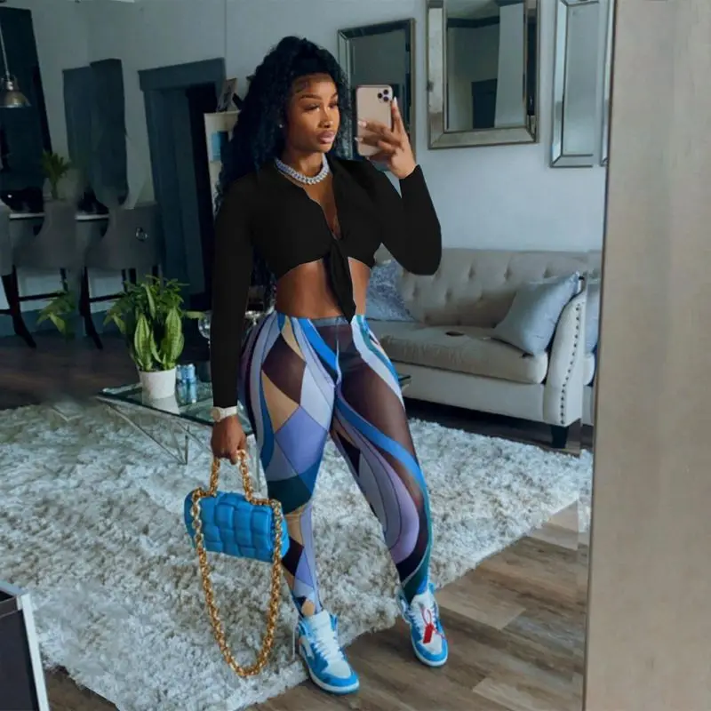 

Print 2 Piece Set Long Sleeve Sexy Lace Up Crop Top Sweatpants Streetwear Pants Sets for Women Trendy Fall 2021 Clothes