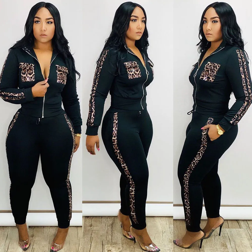 

Tracksuit Women Leopard Print Splice Lounge Wear Two Piece Set Top and Pants Sweat Suits Streetwear Jogging Femme Chandal Mujer