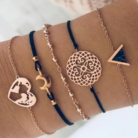 new bohemian heart moon black stone charm bracelets set for women string rope chains bangle female fashion jewelry gift