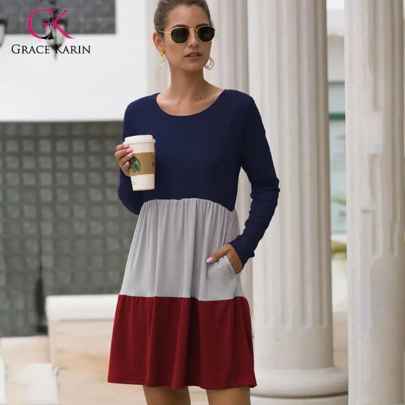 Grace Karin футболка платье Для женщин с длинным рукавом Сращивание трапециевидной