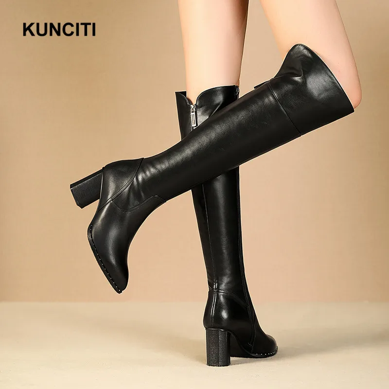 KUNCITI/; сапоги до колена; женские пикантные сапоги; большие размеры 34-42; черные сапоги из натуральной кожи; зимняя теплая обувь высокого качества; B921
