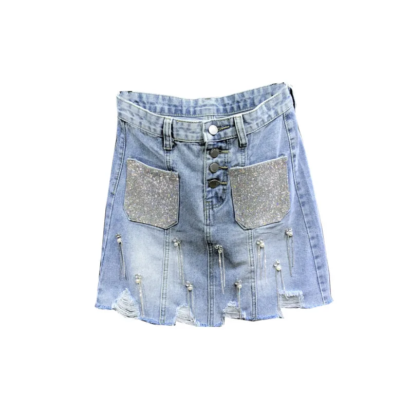 2019 Летняя мода женские Стразы с карманами на пуговицах завышенной талией