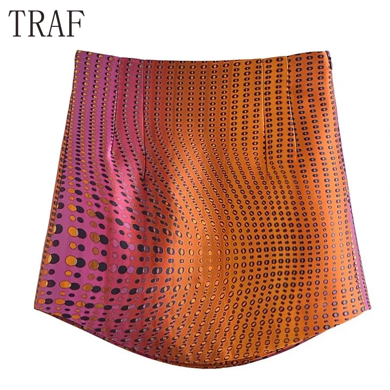 

TRAF 2021 Print Satin Skirt Women High Waist Wrap Skirt Ruched Mini Skirts Woman Fashion Pleated Streetwear Y2K Short Skirts