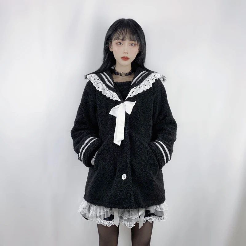 

Sweet Lolita Fleece Coat Women Winter Japanese Kawaii Navy Style Sailor Collar Cute Princess Girls White Bow Long Overcoat