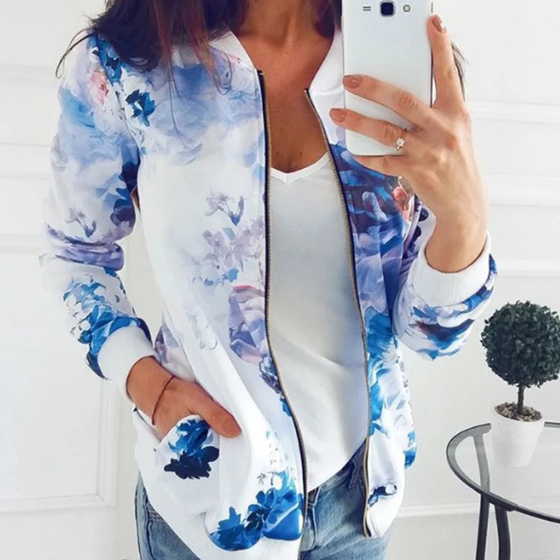 Женская куртка с цветным Ретро принтом длинный рукав молния Бомбер куртки для