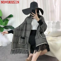 2020 oversize batwing long sleeves cardigan winter faux cashmere poncho women female printed wrap vintage shawl with pocket