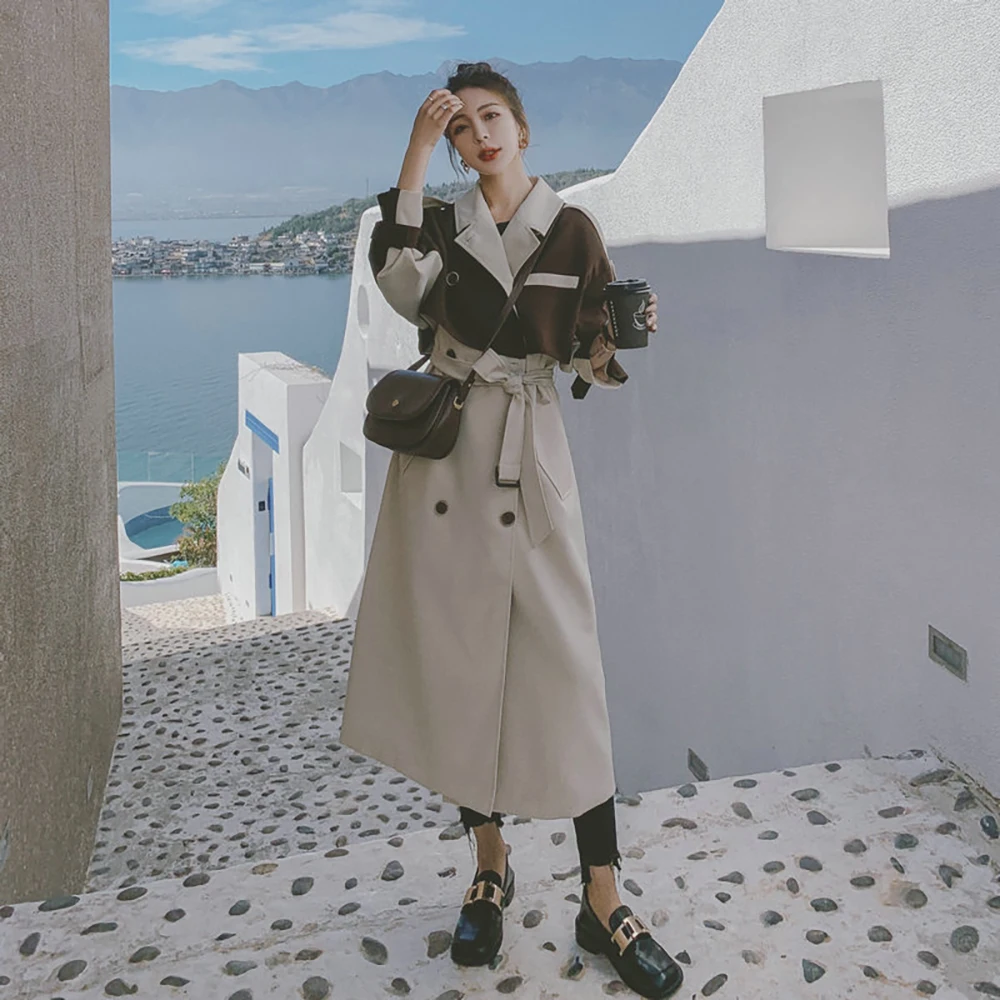 

2021; Сезон весна-осень; Модное длинное пальто для женщин Элегантная Леди, с отложным воротником, Цвет Лоскутные свободные ветровка верхняя од...