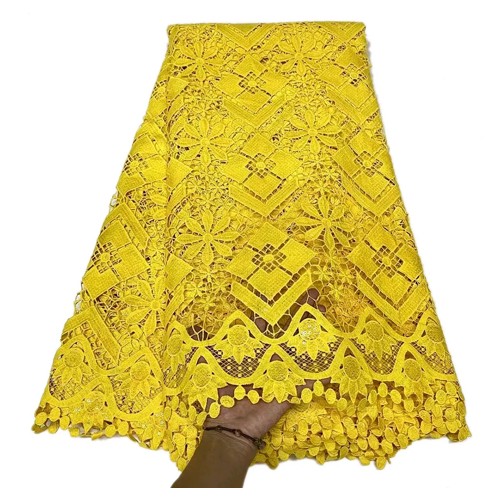 

African Cord Lace Fabric With Sequins Yellow High Quality Punch Guipure Cord Water Soluble Lace For Nigerian Party Garment Sew