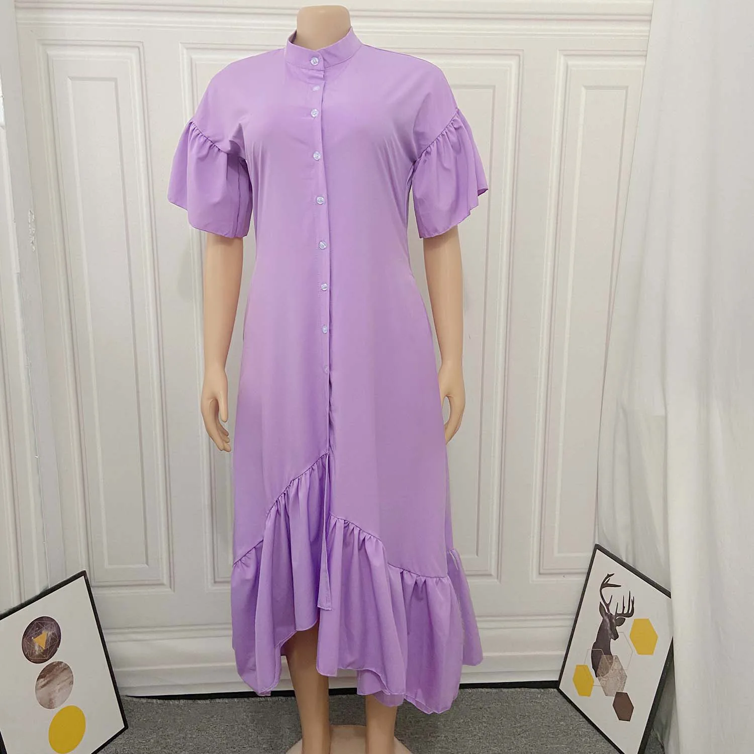 

Female Summer 2021 Solid Color Button Up Irregular Loose African Oversize Casual Ruffle Office Plus Size Maxi Women's Dress Long