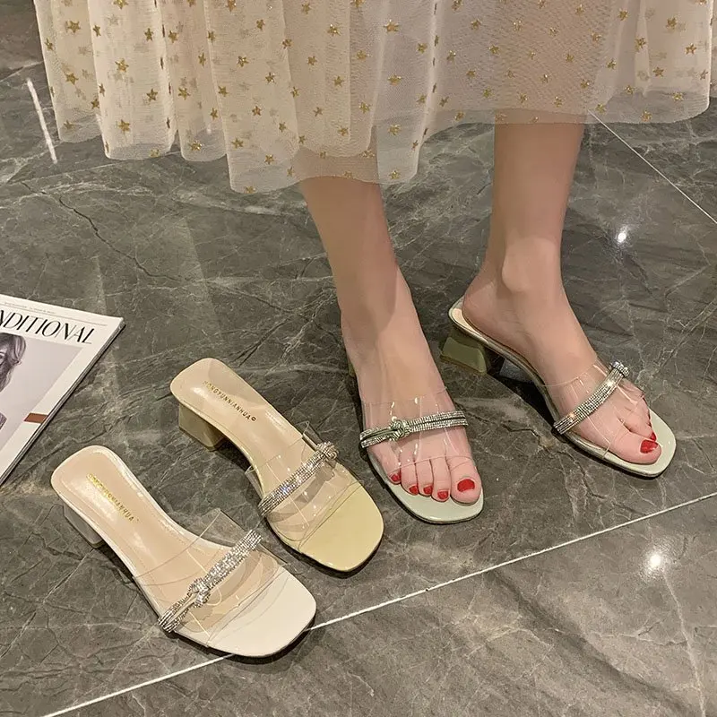 

Slippers Casual Female Shoes Glitter Slides Transparent Heel Square heel Med Luxury 2021 Summer Jelly Block Soft PU Crystal Scan