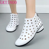 gktinoo 2021 summer ankle boots genuine leather shoes women med high heel back zipper boots cutout breathable mujer zapatos