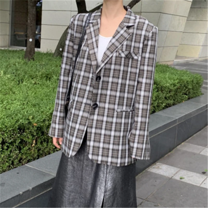 

New Retro Classic Plaid Suit Jacket Women Autumn England Style Casual Loose Straight Suits Coats Female Hit Color Blazers Lady