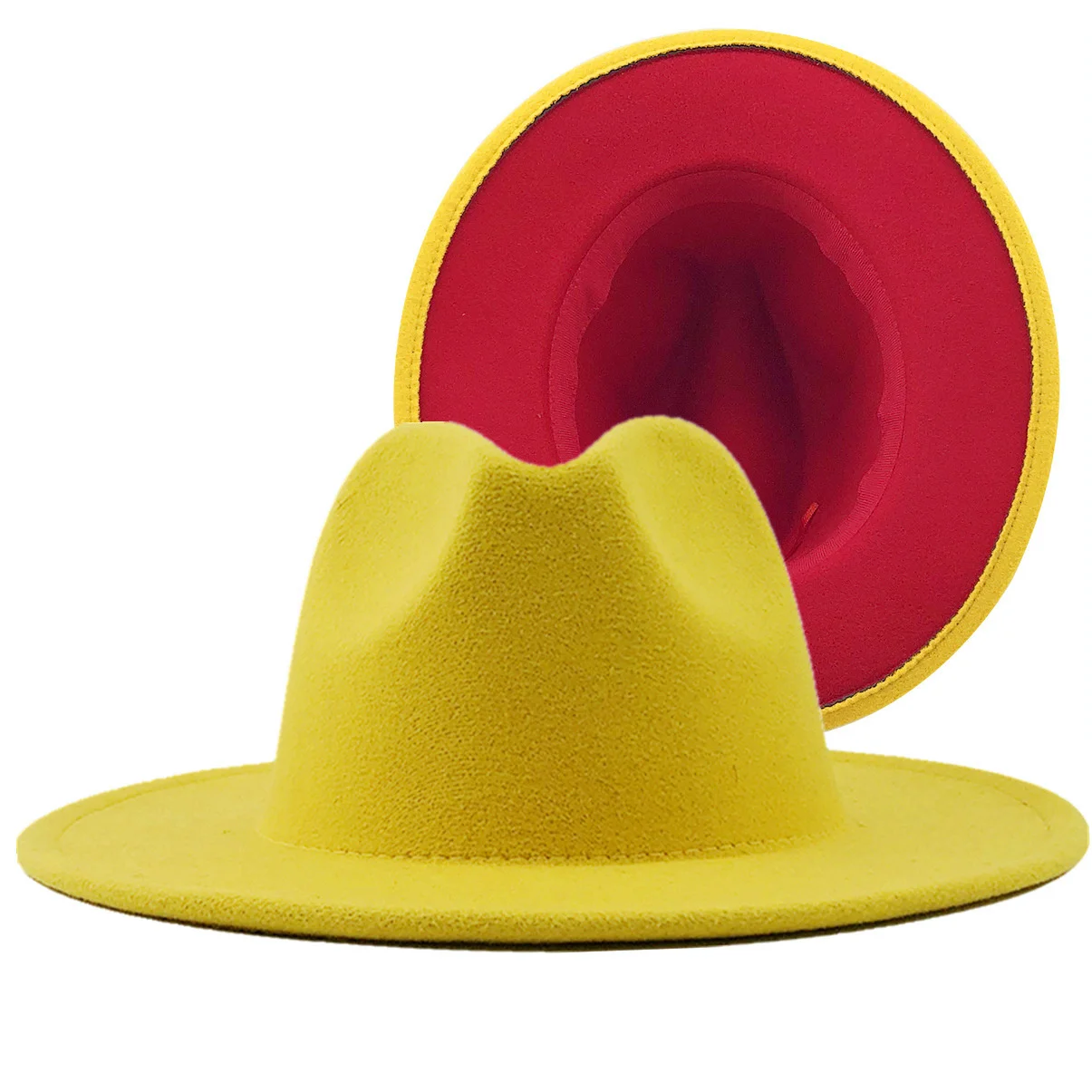 

Yellow Unisex Outer Inner Red Patchwork Felt Jazz Hat Cap Men Women Flat Brim Wool Blend Fedora Hats Panama Trilby Vintage Hat