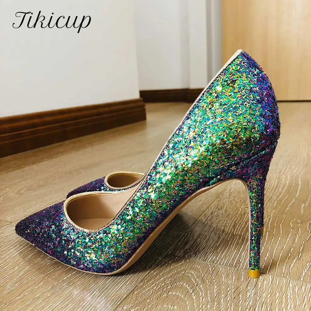 

Tikicup Green Glitter Women Pointed Toe Pumps Sexy Ladies Wedding Party High Heel Shoes 8cm 10cm 12cm Customize Stilettos