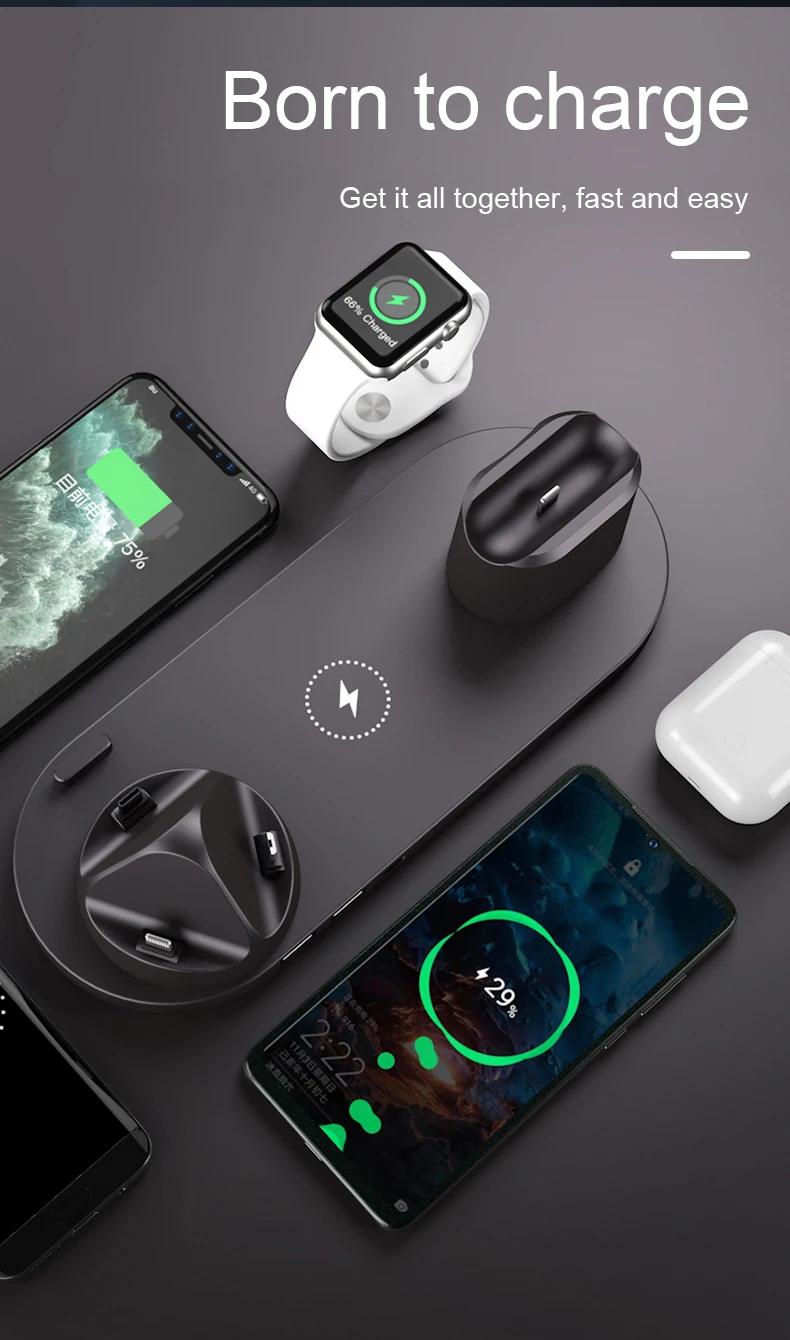 

6 in 1 Wireless Charger Dock Station for iPhone/Android/Type-C USB Phones 10W Fast Charging For Apple Watch AirPods HUAWEI NEW