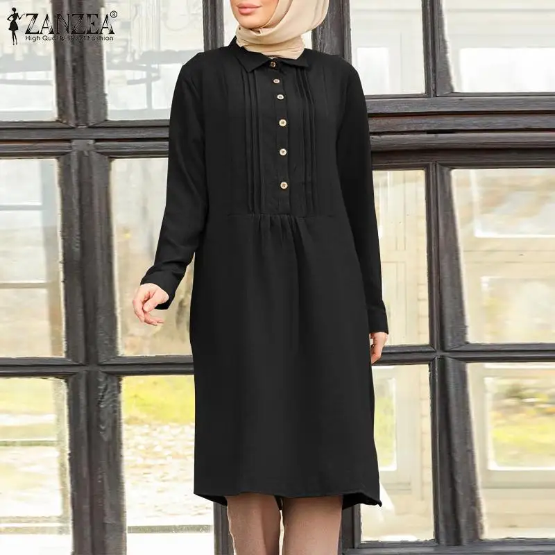ZANZEA Autumn Blouse Vintage Lapel Neck Long Sleeve Solid Muslim Tops Casual Shirt Dubai Turkey Abaya Hijab Blusas Islamic | Тематическая