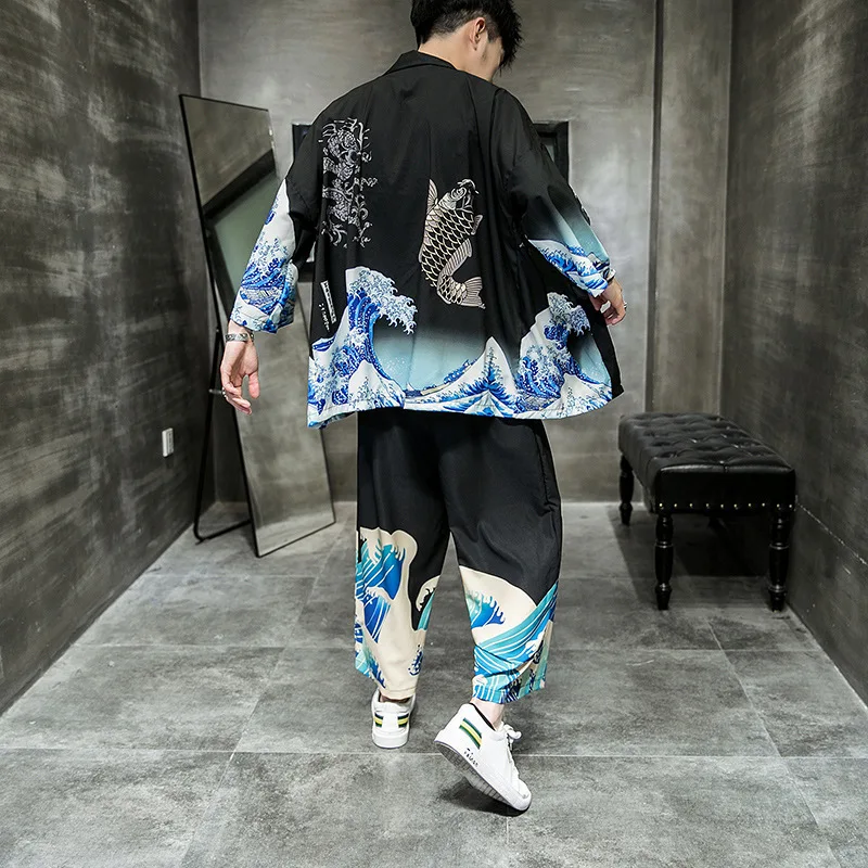 coat and pants Традиционное японское кимоно, повседневный Свободный Тонкий комплект пальто и брюки, азиатская одежда, Harakuju, винтажное кимоно с принтом, кардиган для мужчин - Цвет: coat and pants