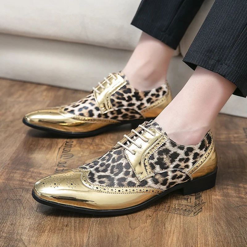 

Туфли мужские с острым носком, резные, в британском стиле, леопардовые, пэчворк, заостренный носок, Повседневная модная обувь, большие размеры 45