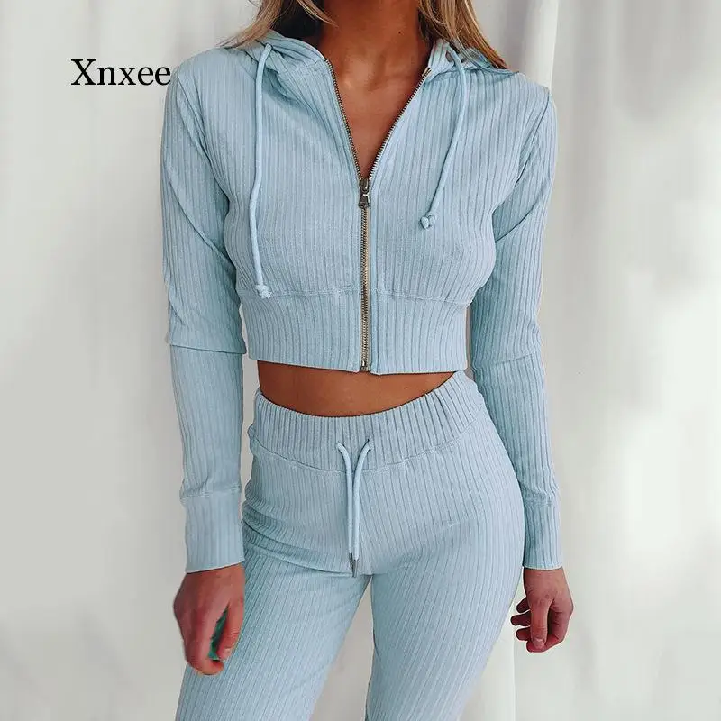 

Spring Fall Zipper Long Sleeve Tops Sportswear Trousers Two Piece Set Women Outfits Home Hooded Pants Suit Ladies Slim Homewear