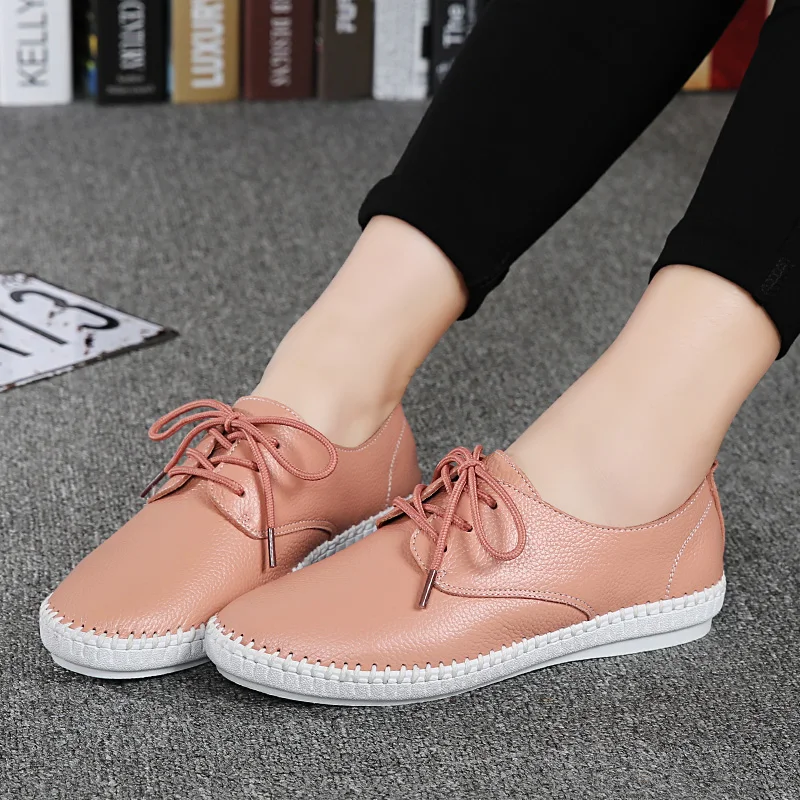 Женская кожаная обувь на низком каблуке удобная повседневная плоской платформе