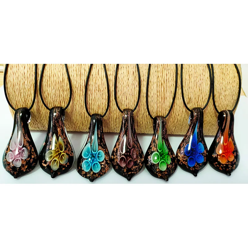 

7PCS Boho Mix Colors Fashion Murano Grass Flower Water Drop Pendant Necklace Earrings Jewelry Set For Women Blue Yellow Green