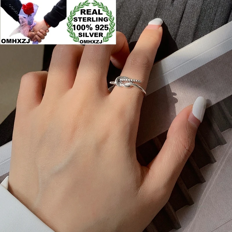 

OMHXZJ Wholesale HC121 European Fashion Woman Girl Birthday Party Gift Vintage Geometric Knot 100% 925 Sterling Silver Open Ring