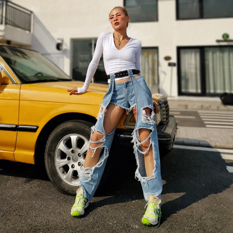 2021 street style hollowed out women's jeans two piece set personality light color high waist straight pants women's fashion