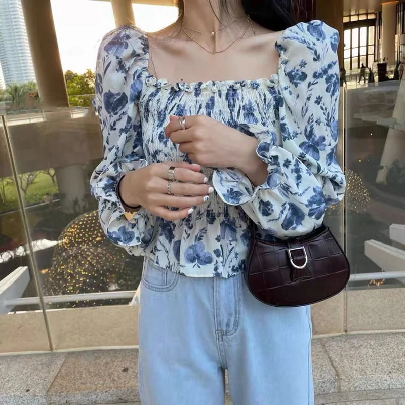 

Women Ruffle Floral Top Chiffon Blouse Elegant Puff Sleeve Chiffon Vintage Blouse High Waist Cropped Casual Office White Shirt