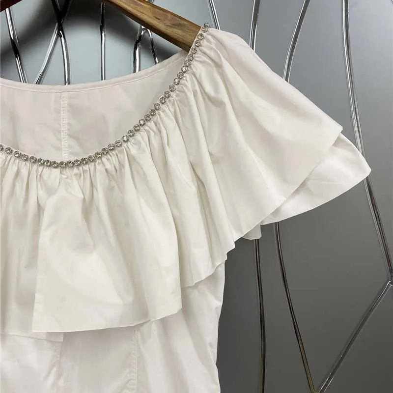 

TWOTWINSTYLE White Casual Patchwork Diamond Shirts For Women O Neck Short Sleeve Straight Blouses Female 2021 Summer Fashion New