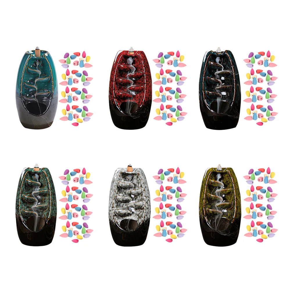 

Mountain River Incense Holder Ceramic Backflow with 50pcs Cones Teahouse Aroma Censer Office Crafts Ornament Gift