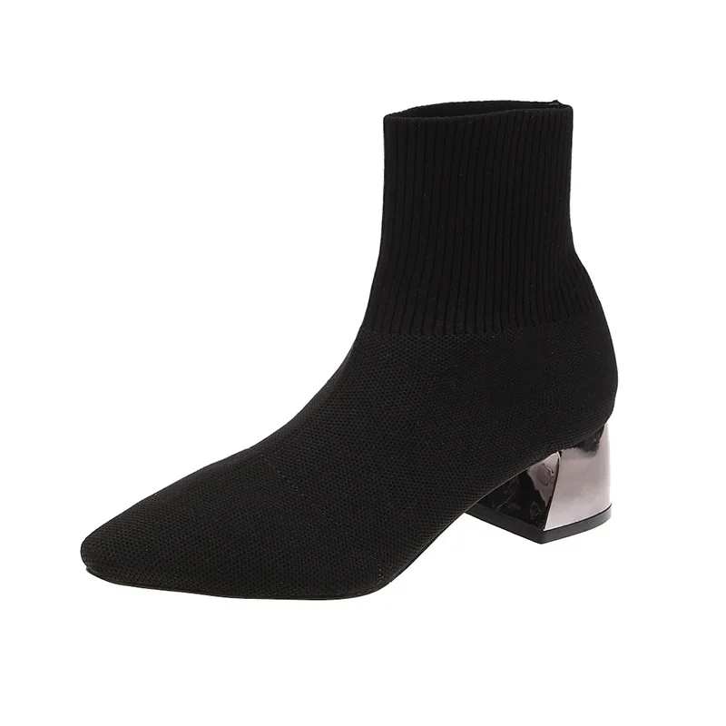 Вязаные эластичные носки ботинки на среднем каблуке короткие женские ботильоны