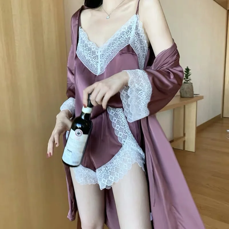 

Purple Lace 7 Pieces Women's Pajamas Sets Faux Silk Pyjama Women's Pajamas Sleepwear Sets Spring Summer Homewear