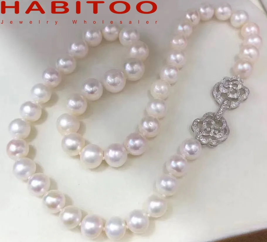 HABITOO Elegant 10-11mm Natural White Round Freshwater Pearl Choker Necklace Cubic Zircon Flower Clasp for Wedding Jewelry Party