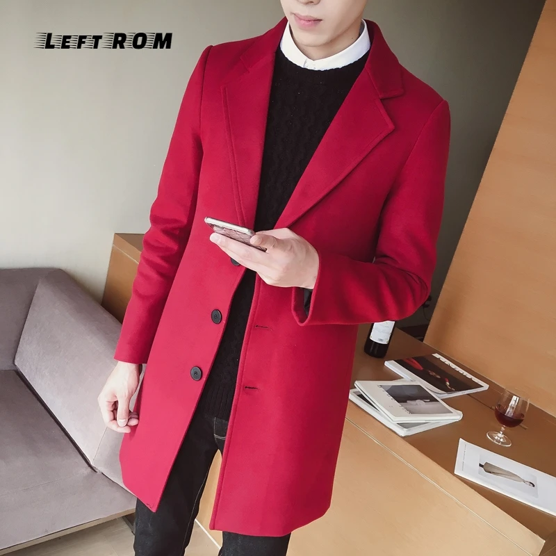 Осенне-зимнее шерстяное пальто, Мужская модная куртка средней длины, мужское пальто с отложным воротником, однотонное приталенное мужское пальто, M-5XL
