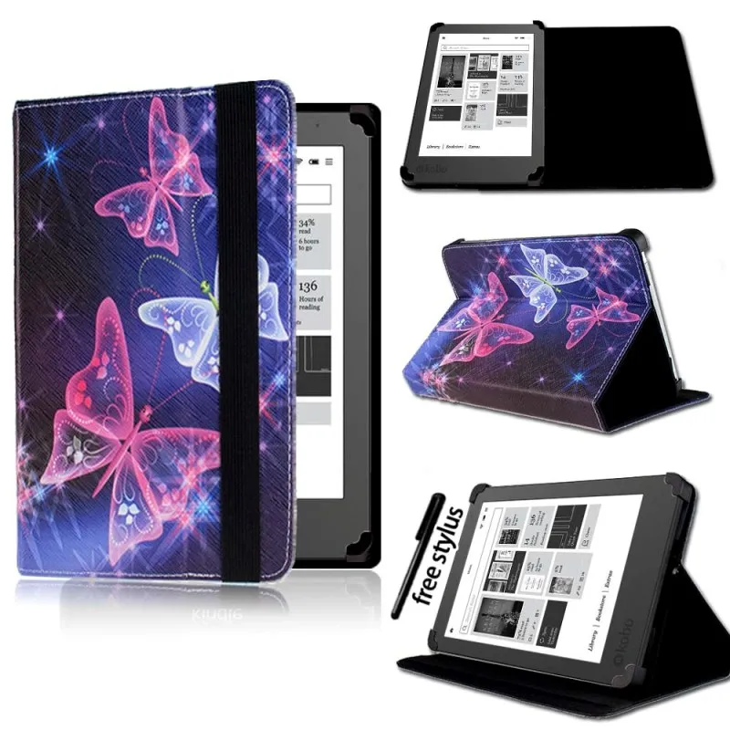 KK&LL для 2013 Kobo Aura " /NEW Aura Edition 2 6" eReader планшет-Кожаная подставка для планшета Folio Smart Cover чехол+ стилус - Цвет: purple butterfly