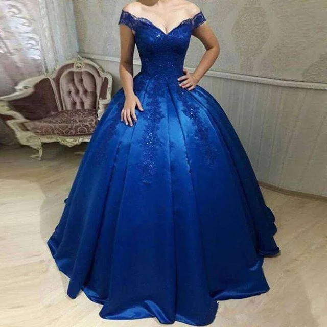 royal blue Королевского синего цвета с открытыми плечами пышные платья, аппликации из кружева бальное платье для особых случаев платья Сладкие 16 18 вечерние платья - Цвет: royal blue