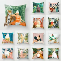 popular cartoon portrait pillow cover 18x18in 45x45cm fresh nordic style green plant sofa cushion cover home decoration