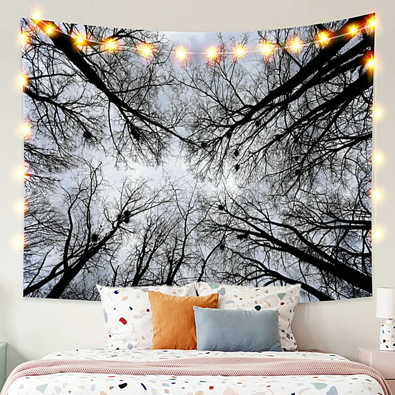 

Black Sky with Forest Tapestry Vintage Exotic Summer Plant Nature Frame for Bedroom Photography Wall Decor