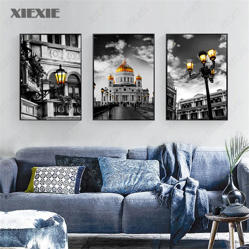 

Modern Black and White European Building Poster Wall Art Minimalist Yellow Street Light Canvas Painting Nordic Living Room Decor