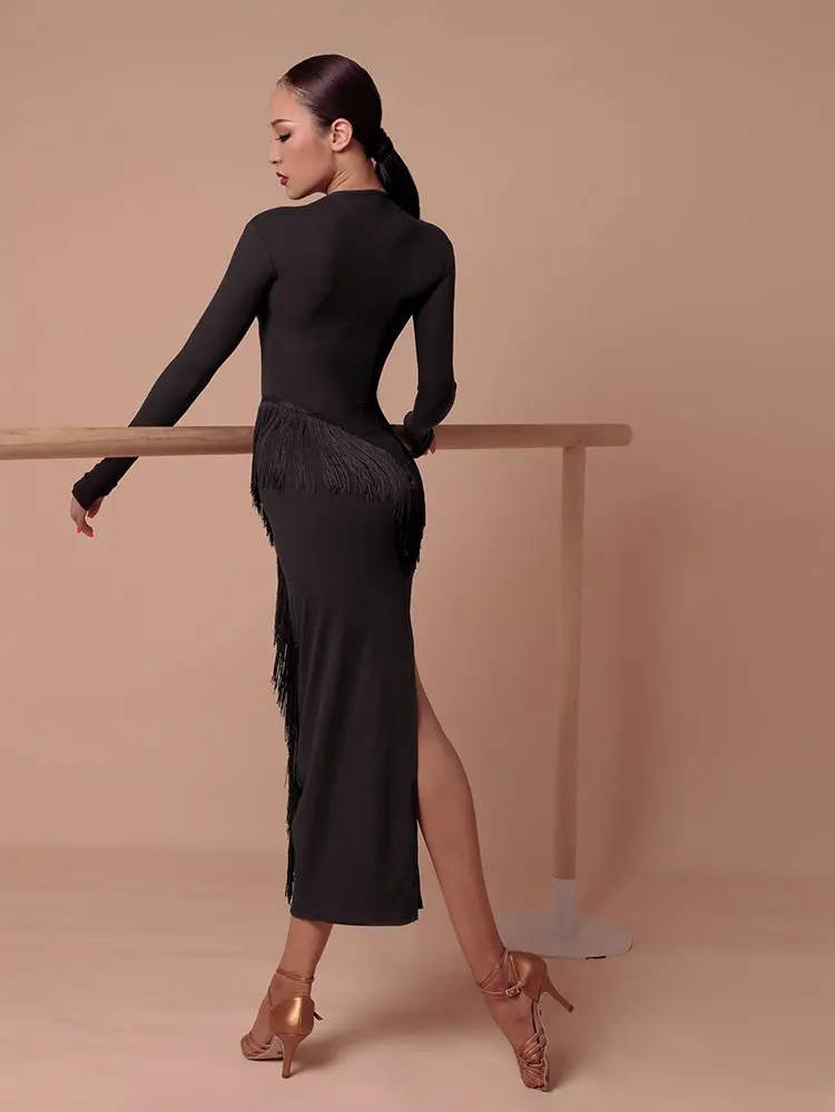 ZYMdancestyle The Curve Fringes Maxi Dress #2046H ZYM tassel dress Rumba long sleeves for professional latin dancer | Тематическая
