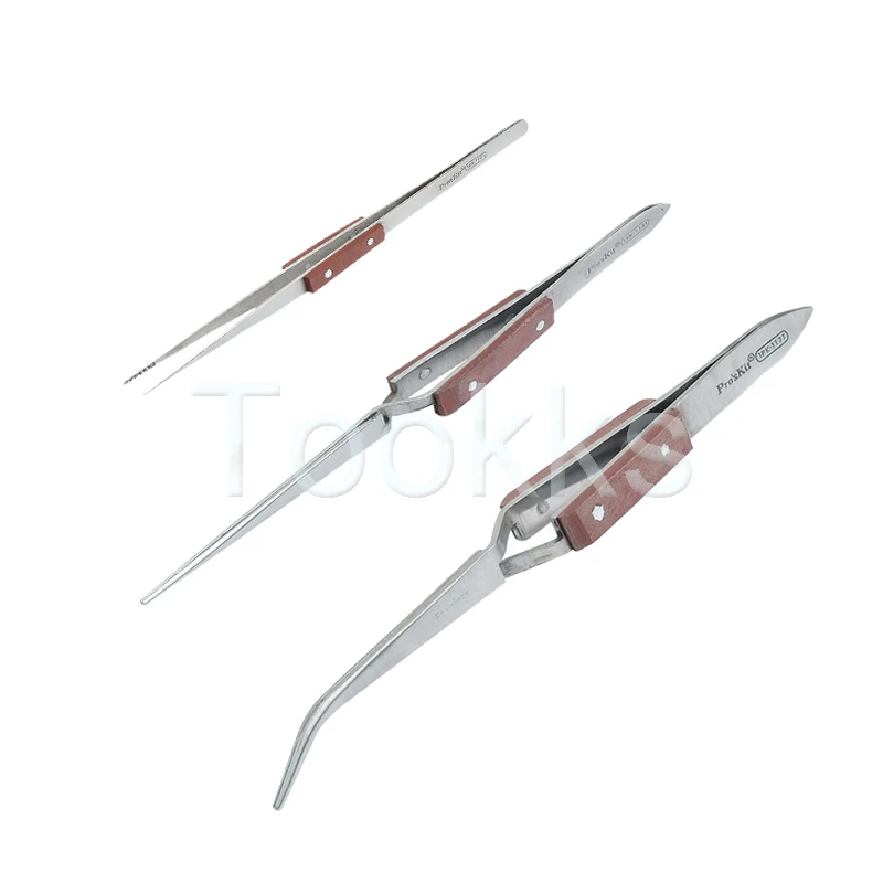 Пинцет Pro'sKit 1PK-119T с деревянной ручкой из нержавеющей стали изогнутый обратного
