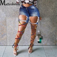sexy ripped hole fringe denim shorts women color rope tie legs casual pocket jeans shorts 2021 plus size summer lace up shorts