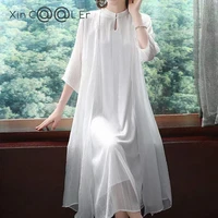 high quality romantic elegant dignified atmosphere mother dress summer silk classic round collar short sleeve streetwear dresses
