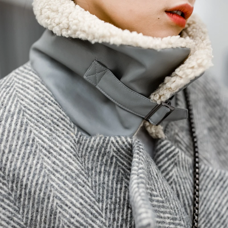 Шерстяное длинное пальто в елочку из овечьей шерсти теплое свободное шерстяное